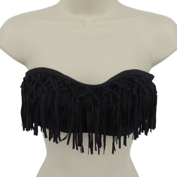 L Space Women Medium Solid Black Fringe Strapless Bandeau Bikini Top Tie Back - Picture 1 of 11
